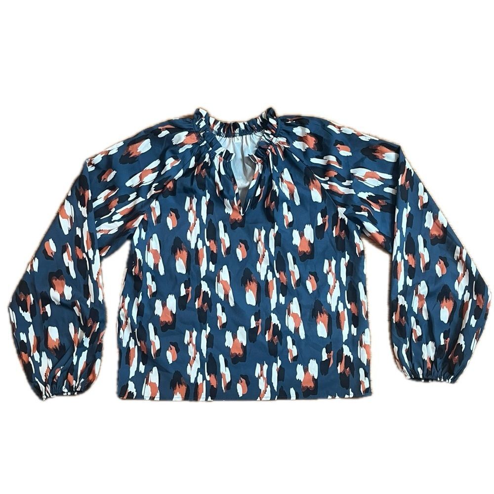 SHEIN Long Sleeved Ruffle Neck Geo Print Blouse Blue Size Small